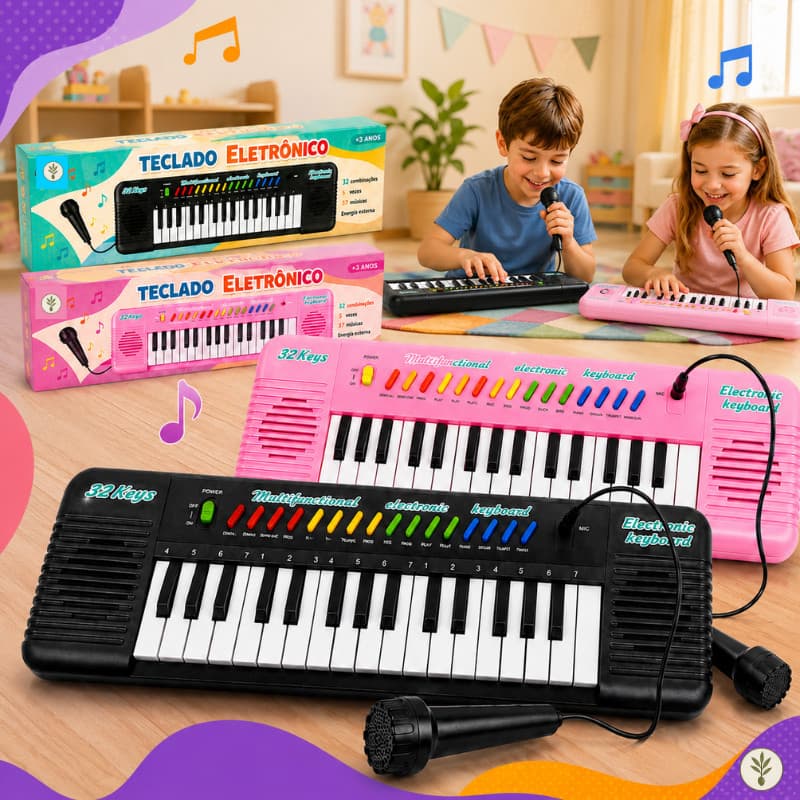 Teclado Piano Infantil com Microfone Brinquedo Musical 32 teclas meninos e meninas Cores Rosa e Preto