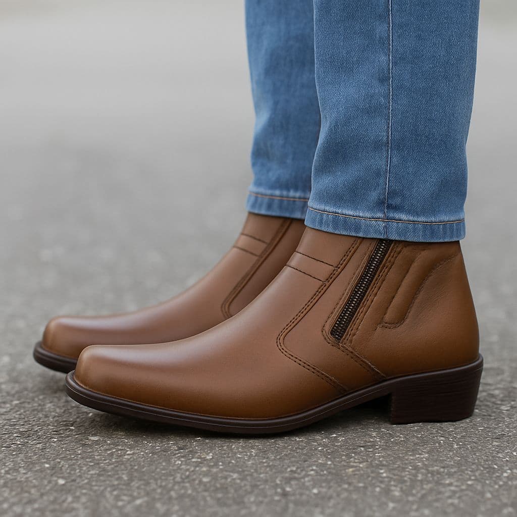 Bota Masculina Social Confortável Zíper Cano Baixo Moderna Cores: Café-Preto