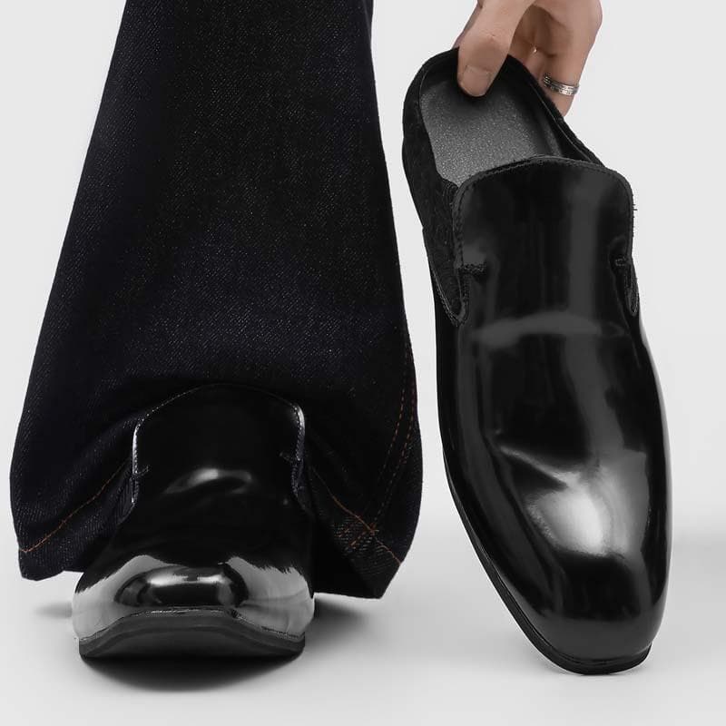 Sapatos de couro genuíno britânico brilhante bico fino capa de um Pedal pé boca elástica juventude na moda masculino neg