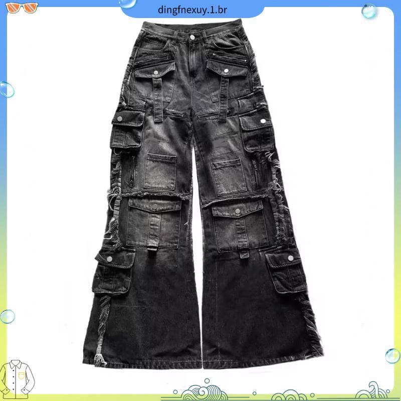 Jeans Soltos Com Vários Bolsos E Retalhos Lavados Pesados Masculinos # 39 ; s Y2K Moda Americana Streetwear Retro Rock R