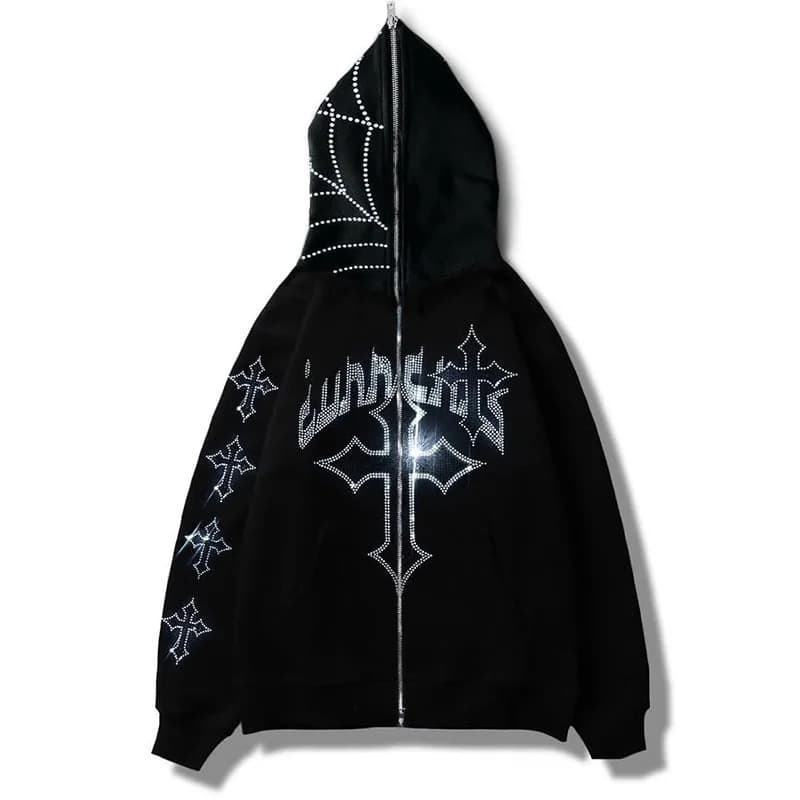 Comércio exterior Y2K Cross-Border único quente diamante impresso moletom Cardigan rua na moda Casual Hip-Hop jaqueta co