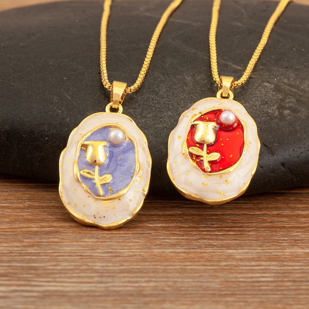 Roxo/Vermelho Meados Antigo Francês Vintage Pintura A Óleo Tulipa 18K Ouro Pingente Colar Para Mulheres Masculino Estilo