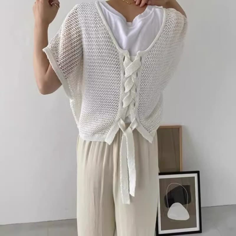 Versão coreana Retro oco de malha pequeno Cardigan feminino verão estilo fino solto exterior Wear amarrado protetor sola