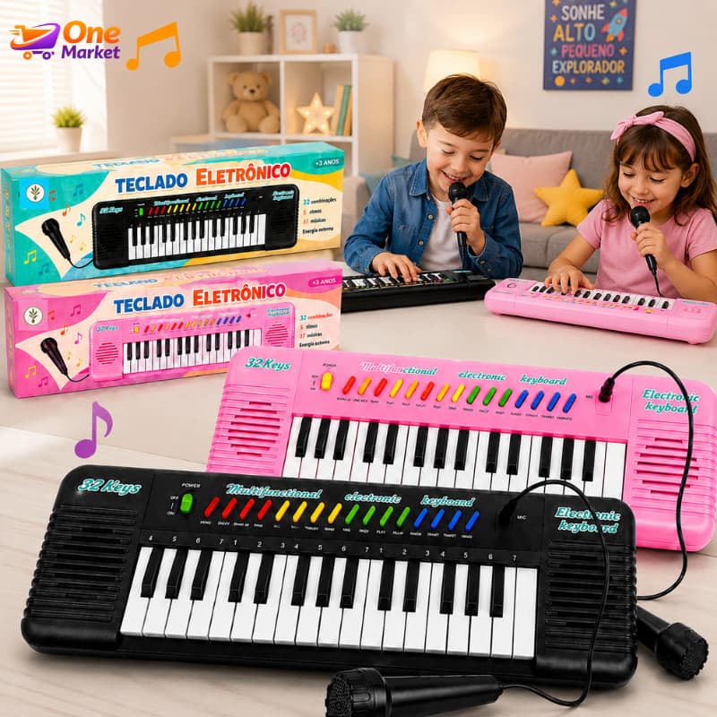 Teclado Piano com Microfone Infantil Brinquedo Musical 32 teclas meninos e meninas Cores Rosa e Preto Interativo