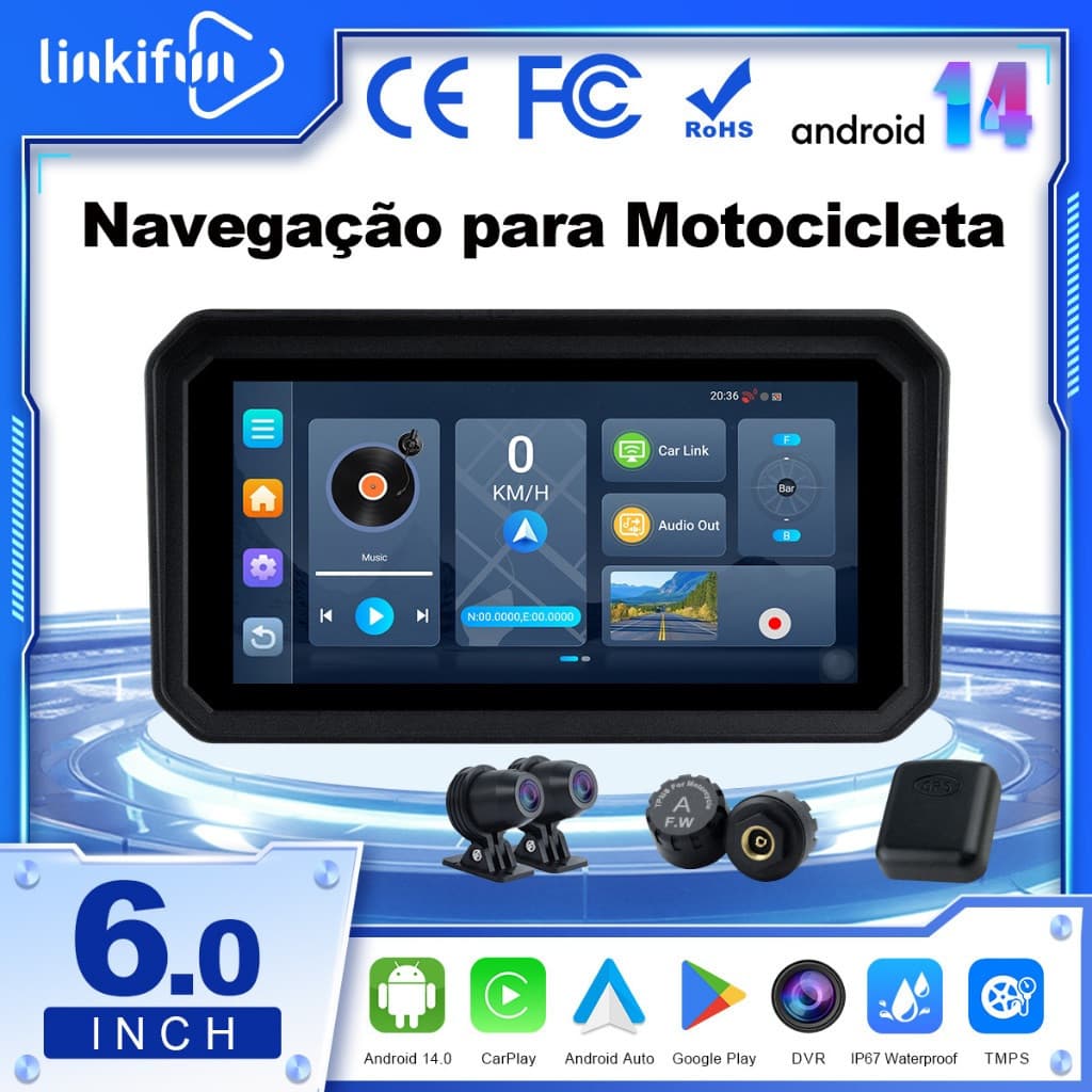 Linkifun MT23 Tela De Navegação Para Motocicleta Android 14 De 6 Polegadas , CarPlay Sem Fio E Auto , DVR Duplo 1080P ,