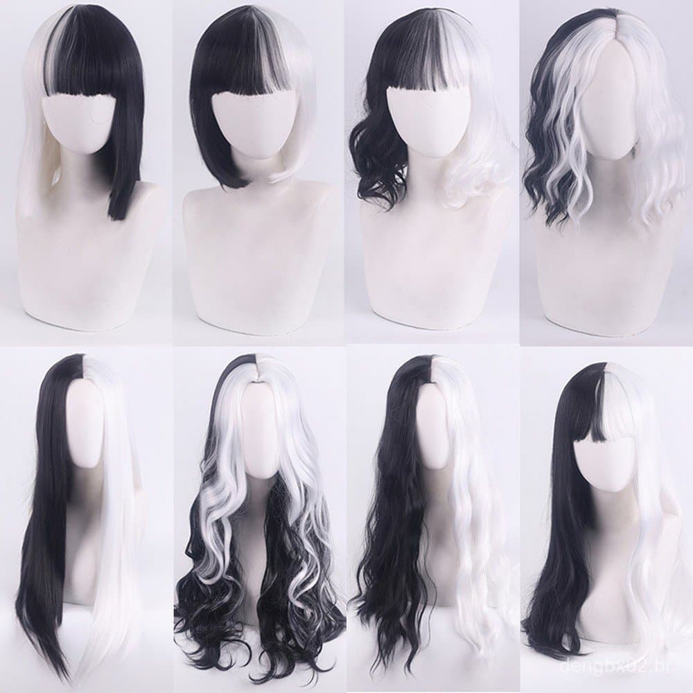 Perucas para Cosplay de Festa de Halloween CRUELLA Deville De Vil Preta e Branca com Franja Cabelo Curto Bob para Mulher