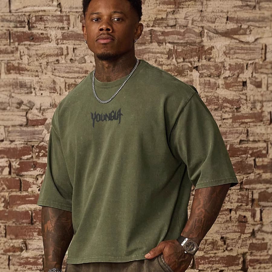 YOUNGAL Fitness solto esportes camiseta masculina ombro caído Casual em torno do pescoço lavado americano puro algodão d