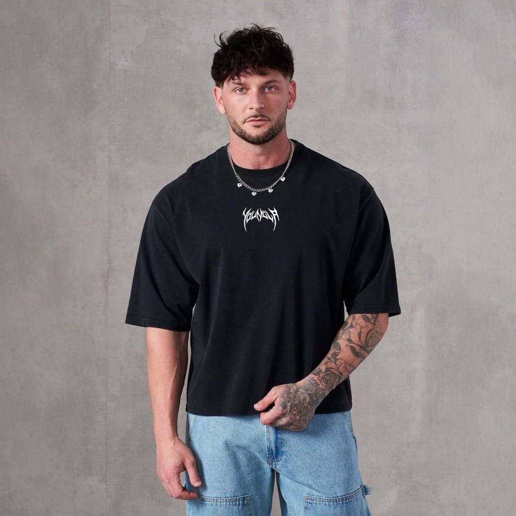 YOUNGLA estilo americano meia manga camiseta masculina pesado puro algodão lavado angustiado impresso Casual em torno do