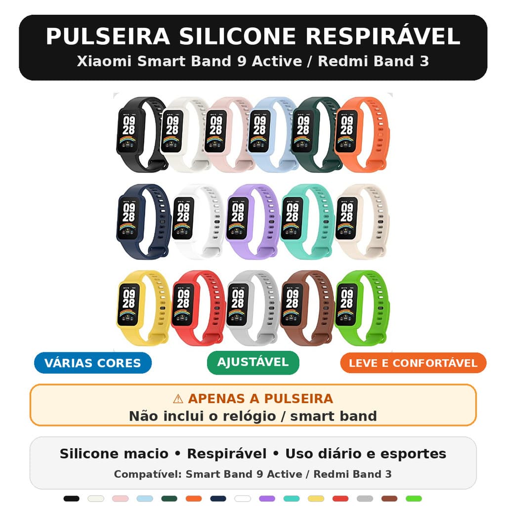 Pulseira Silicone Respirável para Xiaomi Smart Band 9 Active / Redmi Band 3 | Confortável, Ajustável e Leve