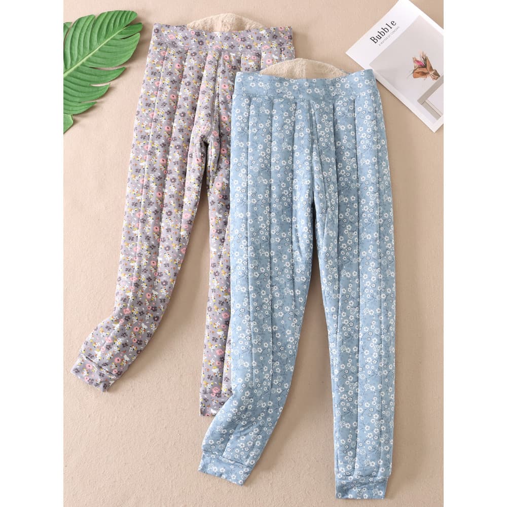 Super quente dupla face aquecimento camelo engrossado quente feminino inverno menos Wear Retro Floral magro-ajuste calça