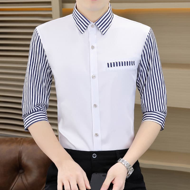 Bonito costura contraste cor Vertical listrado camisa masculina High-End três quartos de manga média verão camisa britân