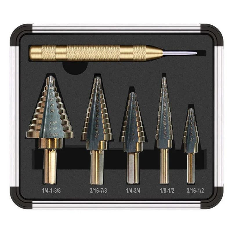 Conjunto De Brocas Escalonadas , Aço De Alta Velocidade Revestido De Titânio De 5 Peças Com Perfurador Central Automátic