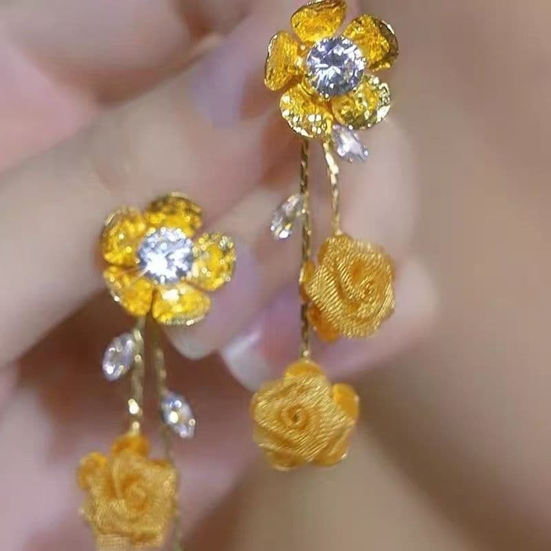 Brincos de luxo com diamantes e design floral para mulheres, elegantes brincos longos com franjas de malha, modernos e v