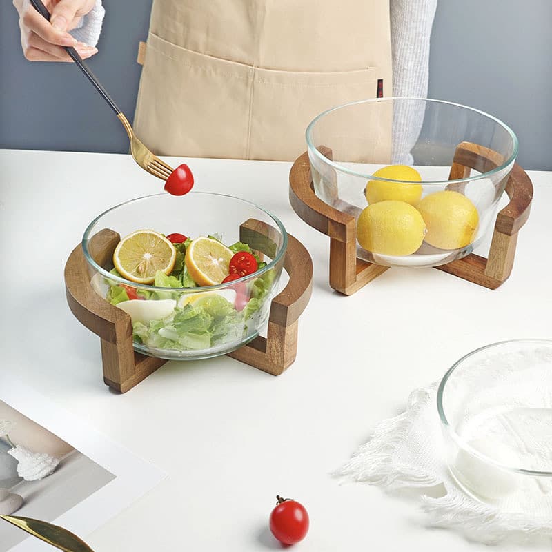 Moldura de madeira maciça tigela de frutas de vidro sala de estar prato de frutas lanche salada tigela de pesca de fruta