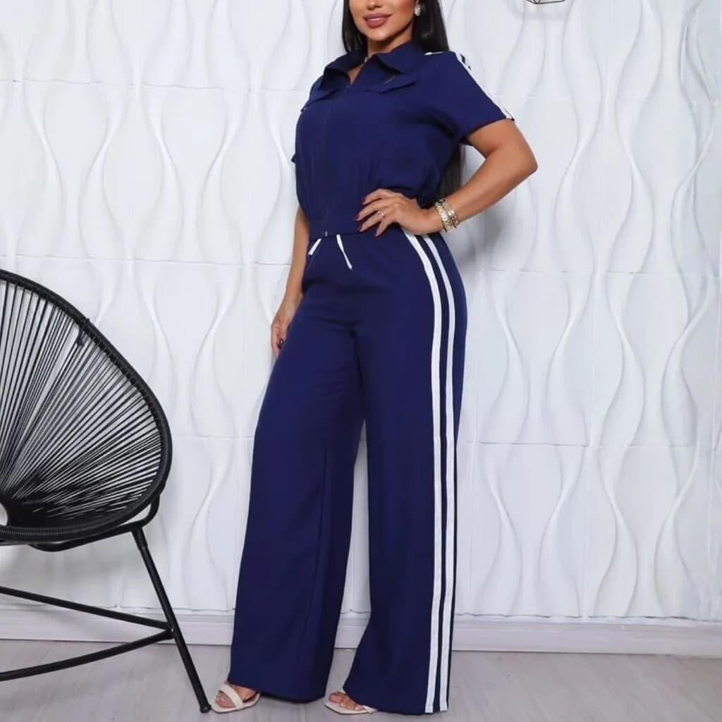 Conjunto Feminino Manga Curta Blusa Pantalona Casual Elegante Esportivo Com Linhas Azul Marinho