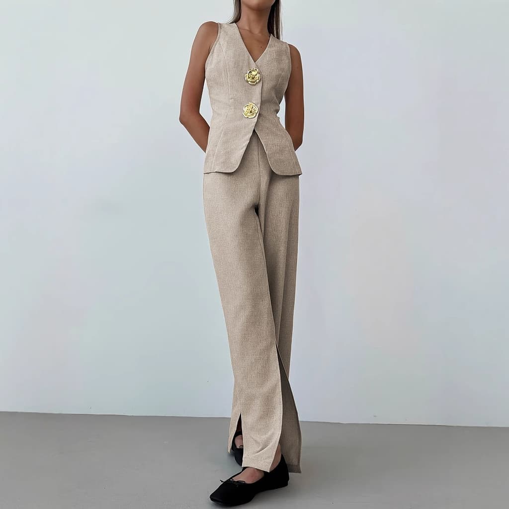 Conjunto Feminino Elegante de Primavera/Verão, Colete Sem Mangas com Decote em V, Respirável e Calças Largas com Fenda,