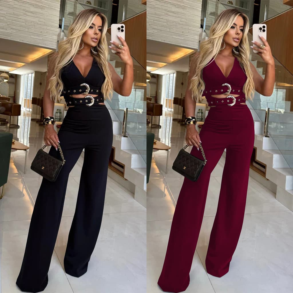 C7499 Conjunto de top feminino com decote em V e cinto decorativo com fivela e calças compridas, estilo europeu e americ