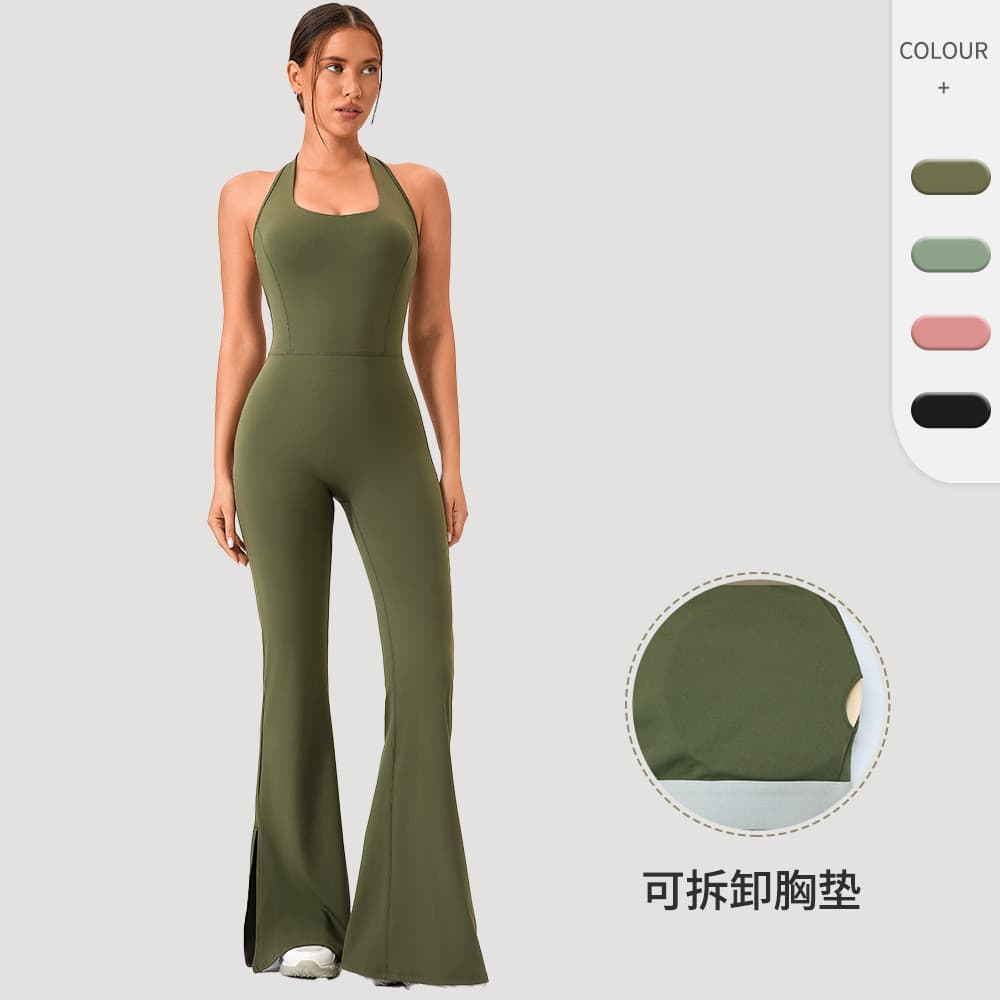 Macacão de yoga com calças largas, roupa de fitness justa com sensação de pele nua, macacão esportivo para corrida com e