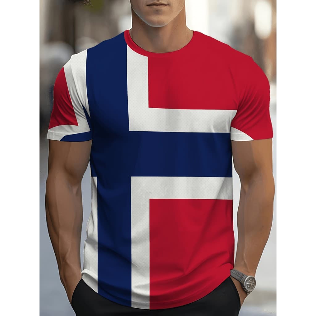 Verão Respirável Confortável Macio Vermelho Branco Azul Bandeira Norueguesa Impressão Camiseta Masculina De Manga Curta