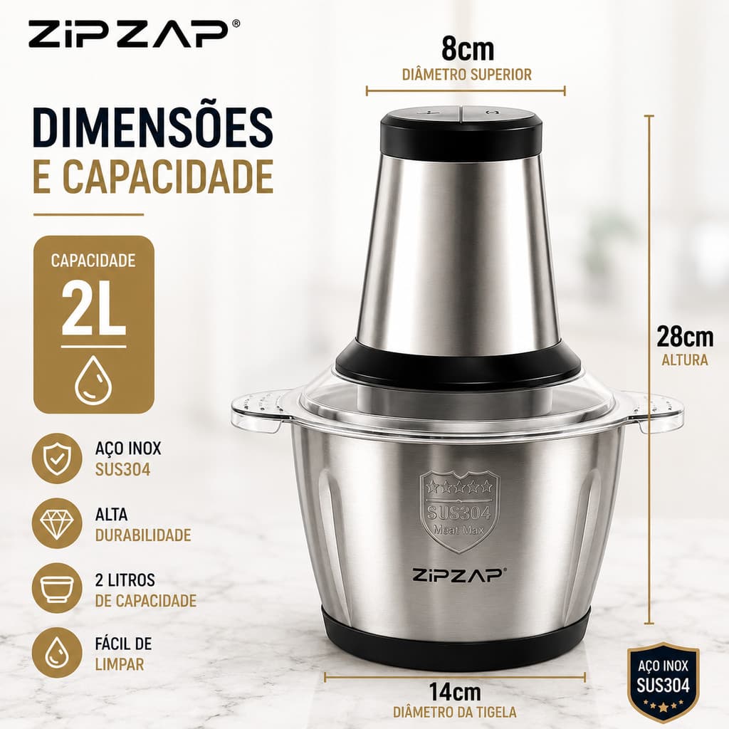 FUSHANG Multiprocessador Elétrico 2L Inox Triturador de Alimentos 4 Lâminas 127V/220V