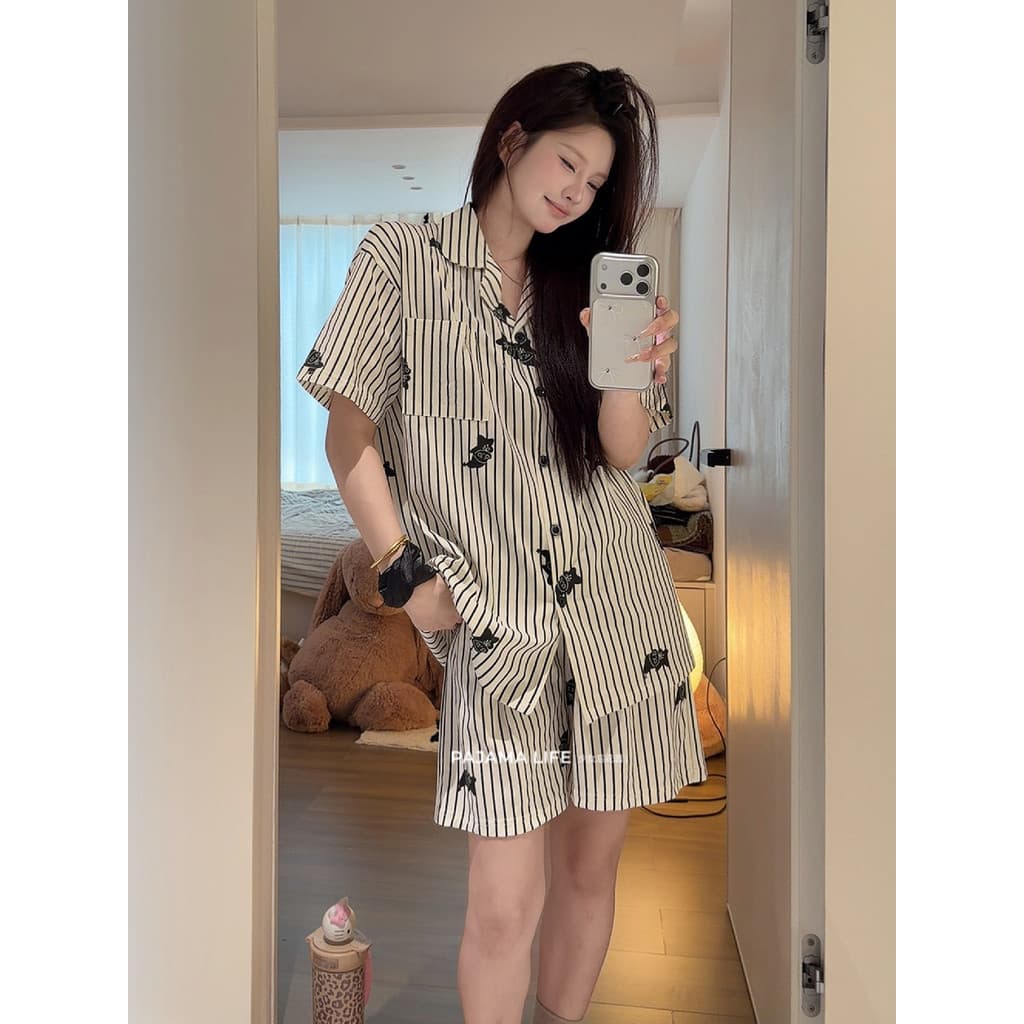 Estilo japonês High-End estrela pessoas listrado pijamas feminino algodão puro verão manga curta algodão lapela Casual H
