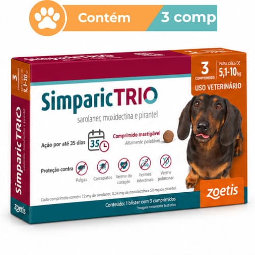 Antipulgas Simparic Trio 12mg Cães 5,1 a 10kg 3 Comprimidos