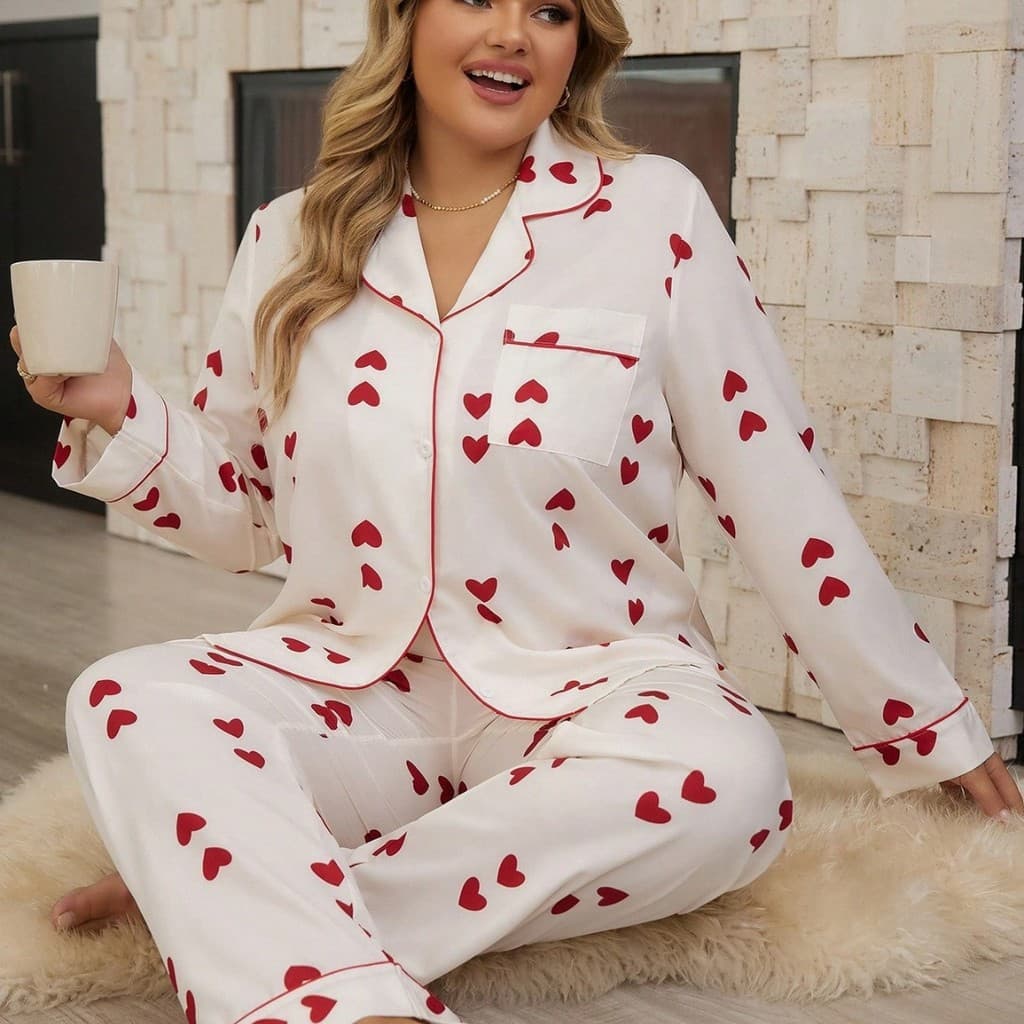 Pijama feminino com cardigã, mangas compridas e calças compridas, design de coraçãozinho fofo, tamanho grande, conjunto