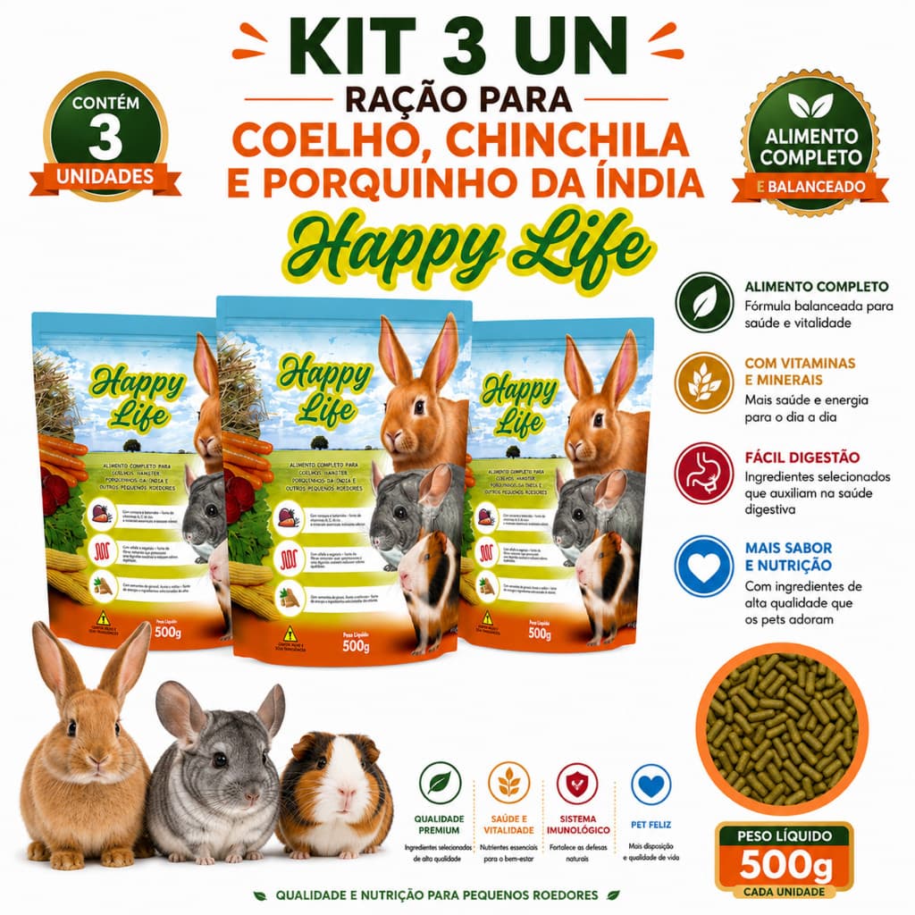 Kit 3 un - Ração para Coelho, Chinchila e Porquinho da Índia Happy Life 500g