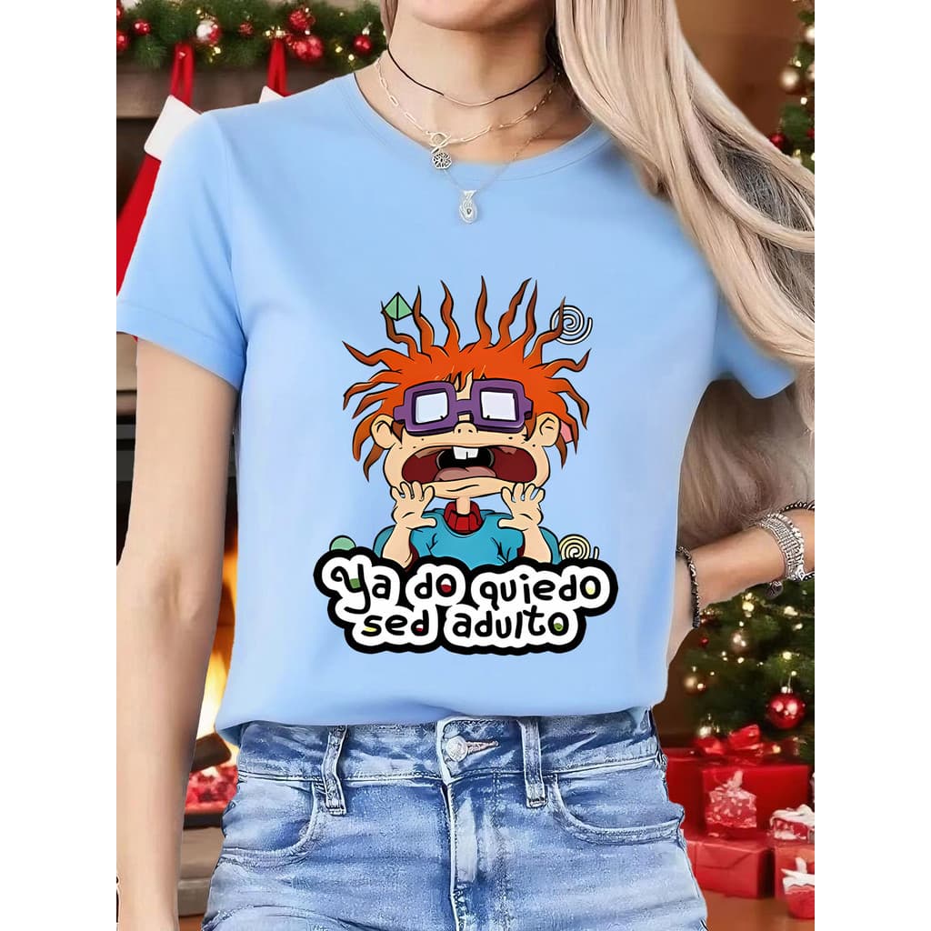 Camiseta Feminina de Primavera—Estampa de Desenho Animado com Rosto Engraçado Nova Lançamento