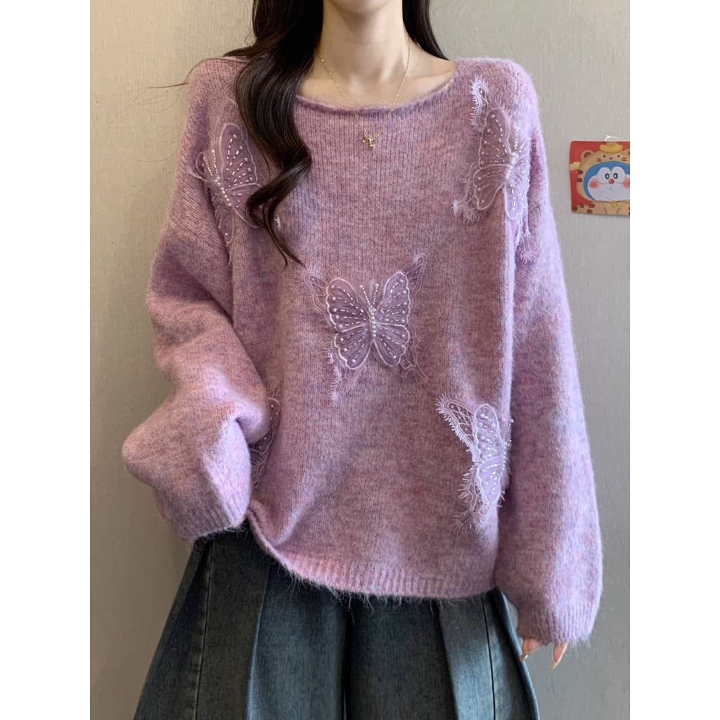 Super bonito tridimensional borboleta roxo camisola de manga comprida outono 2025 novo estilo Plus Size roupas femininas