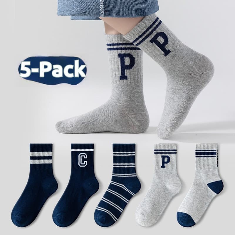 [5PCS] Meias de algodão de tubo médio para meninos estilo fino de verão