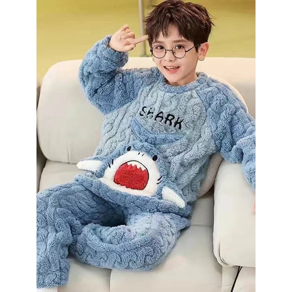 Pijama infantil de lã Coral, estilo sazonal, flanela espessada, além de lã, menino, terno quente para casa