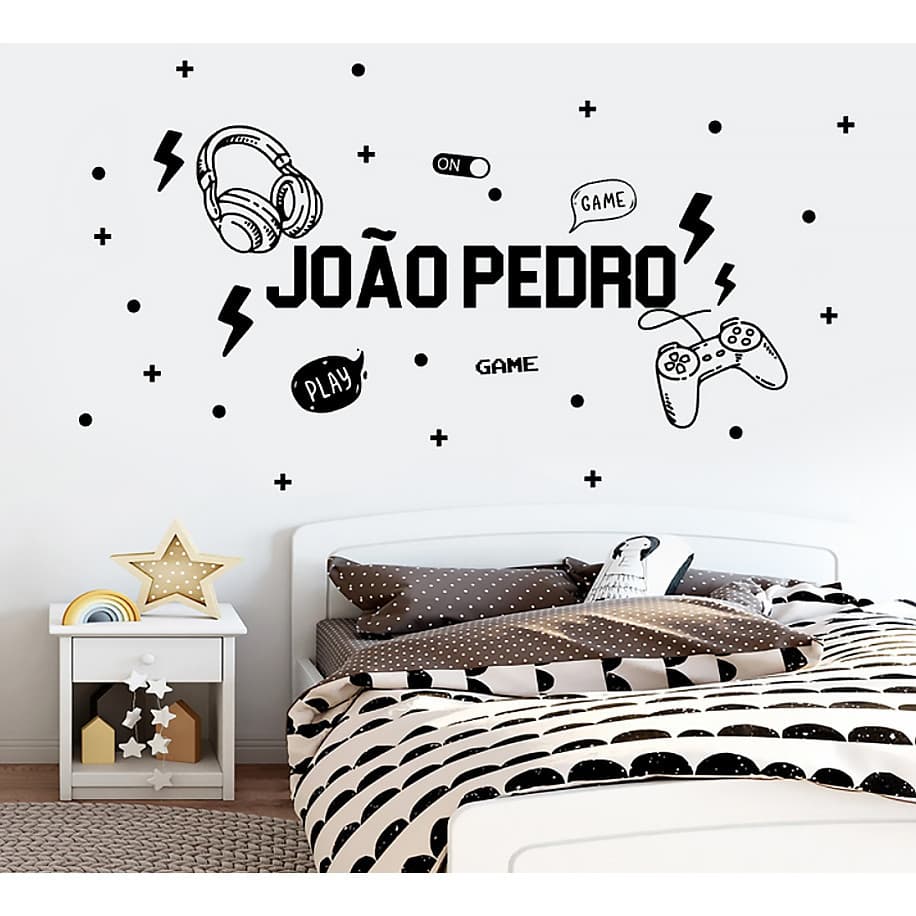 Adesivo de parede infantil game, gamer, controle, fone de ouvido, com nome personalizado