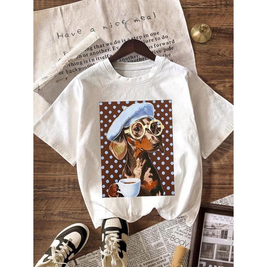 Camiseta Fofa de Dachshund Camiseta Casual Feminina d Minimalista de Verão
