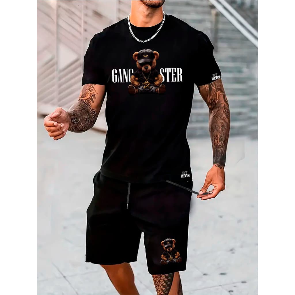 Kit Conjunto Gangster Camiseta Masculina 100% Algodão + Bermuda Moletom Lançamento Estampada