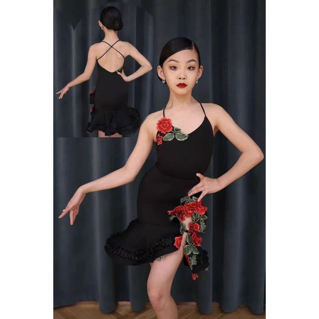 [WDF] Traje de dança latina para meninas com decoração de flores tridimensionais, fantasia de saia tipo estilingue sem m