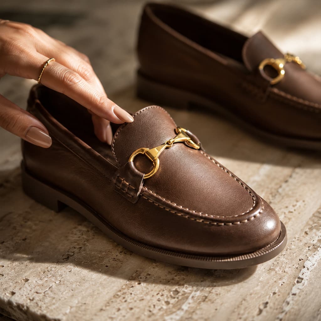 Mocassim Feminino Marrom com Fivela Dourada Loafer Confortável Bico Redondo Salto Baixo Casual Social