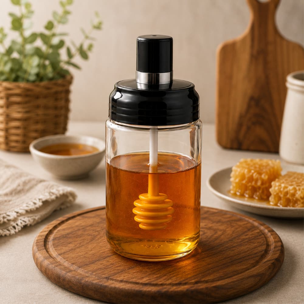 Meleira de Vidro Com Tampa E Pegador Pote de Vidro Premium Para Mel Cozinha 260ml