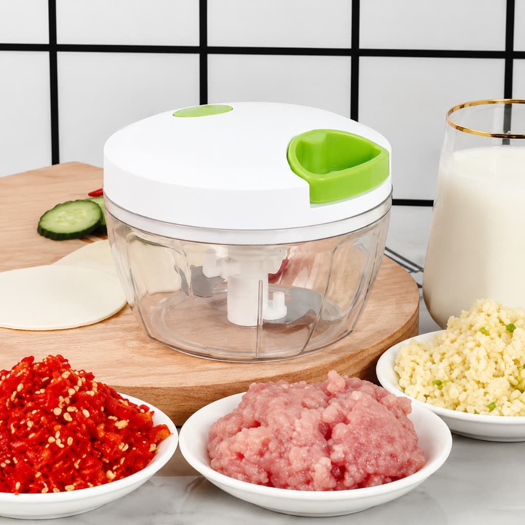Mini Processador Manual 500ml com 3 Lâminas Triturador Multiuso para Alho Cebola Frutas Legumes e Temperos