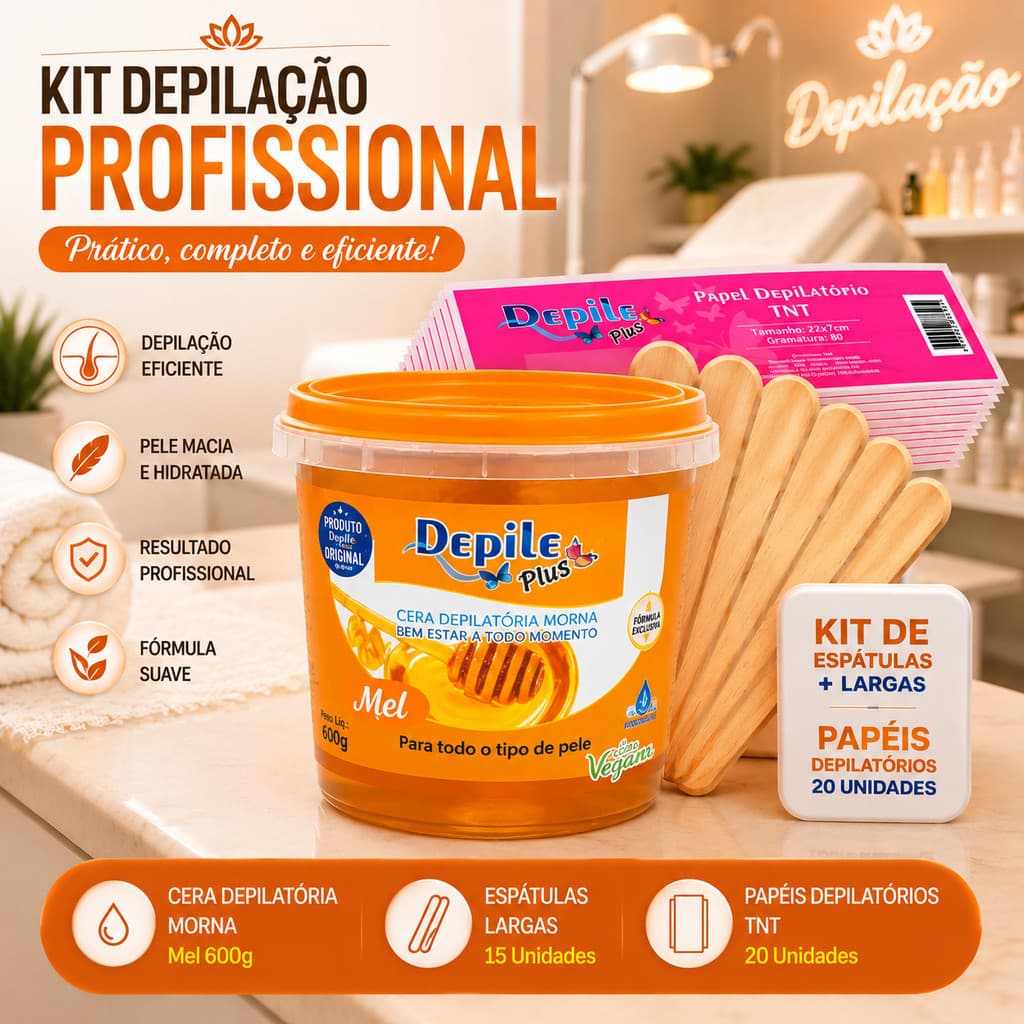 Kit Completo:  Depile Plus Hidrossolúvel  Cera 600g + 50 Papel + 15 Espátulas para Depilação