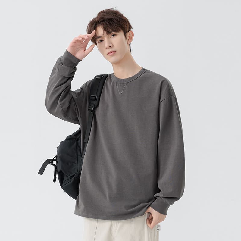 Pesado puro algodão lavado manga comprida camiseta moletom na moda marca masculina primavera outono All-Match topo mascu
