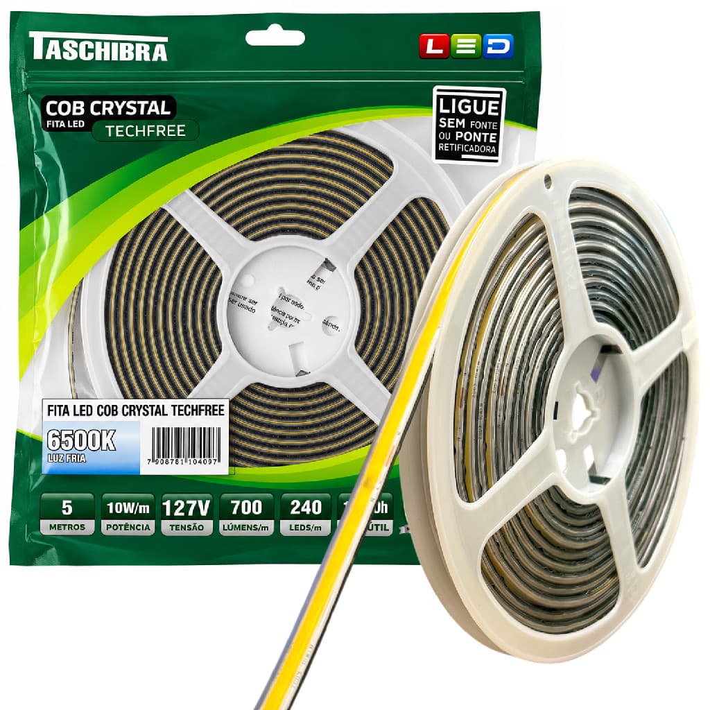 Fita Led COB 5 Metros 10W/M 240 Leds Branco 6500K 127V IP65