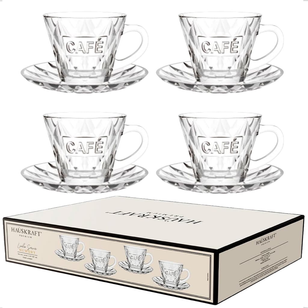 Jogo Xícaras Café Chá Memory Kit 4 Peças Pires Vidro 80ml Xícara Transparente Mesa Posta Hauskraft