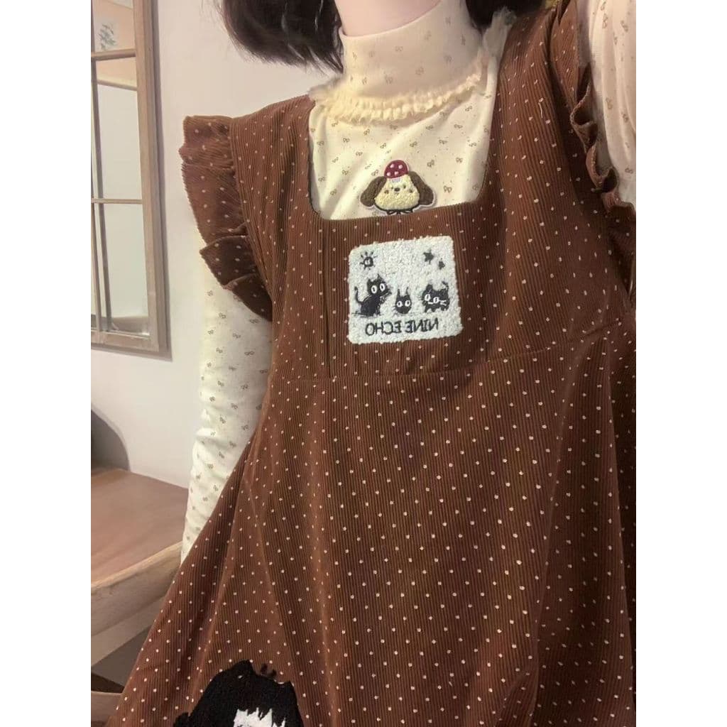 Vestido estilo primavera, versátil e fofo, com motivos de gato, novo estilo, saia com estampa floral, conjunto de duas p