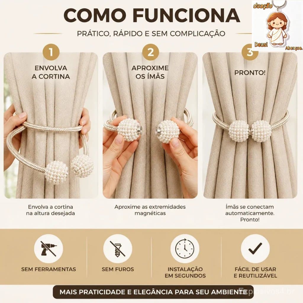 Kit 2 Prendedor de Cortina Magnético Pérola Luxo Enfeite Presilha Com Imã Premium