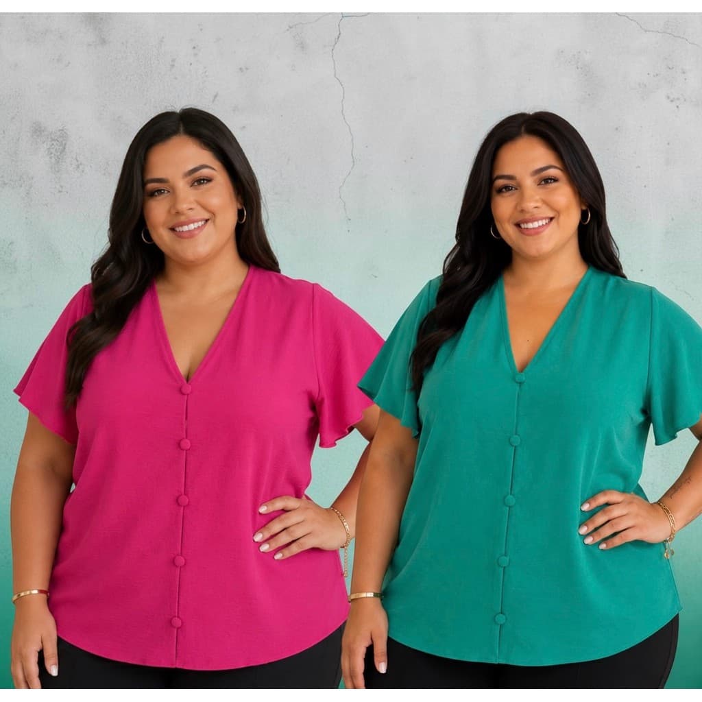 Blusa Plus Size Feminina GG G1 G2 G3 Decote V Botões Duna Soltinha Tamanho Grande