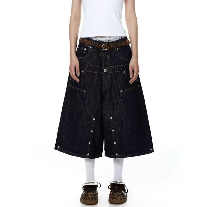 Americano retro dupla cintura Studs retro Original vaca baggy solto em linha reta perna larga primavera outono Jeans cas