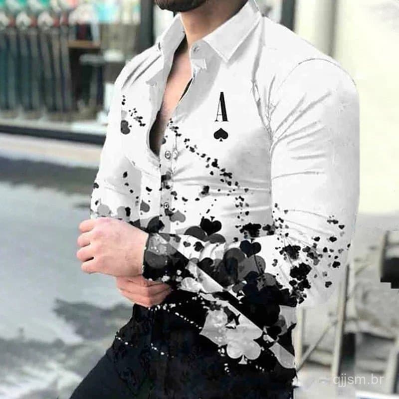 Novos Homens& #     Camisa masculina de manga comprida com estampa de cartas de pôquer, gola dobrada, botões, estilo vin
