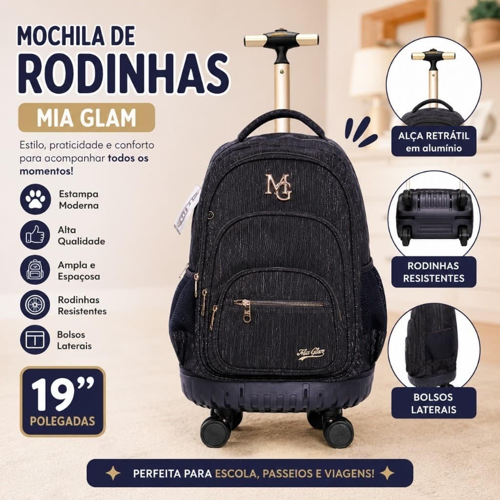 Mochila de Rodinhas Mia Glam 19" Preta – Elegância, Praticidade e Resistência