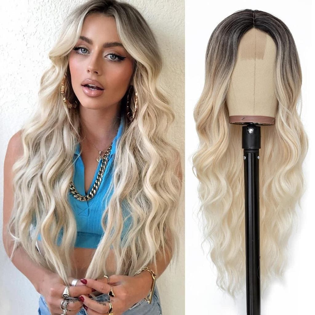 Peruca longa e ondulada, cor platina, adequada para mulheres, 26 polegadas, cacheada com risca ao meio, adequada para 4D